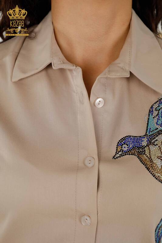 Hurtownia koszul damskich - Kolorowa Wzorzyste ptaki - Beżowa - 20236 | KAZEE