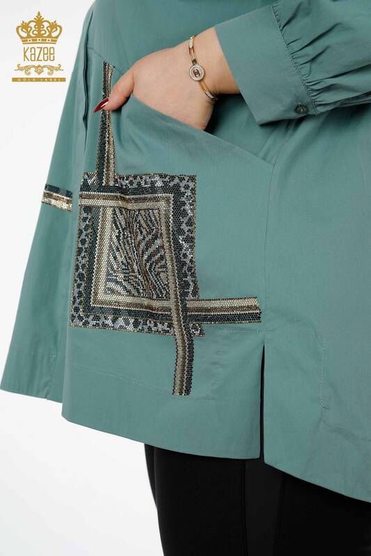 Hurtownia koszul damskich z podwójną kieszenią i haftowanym wzorem bawełny - 20198 | KAZEE