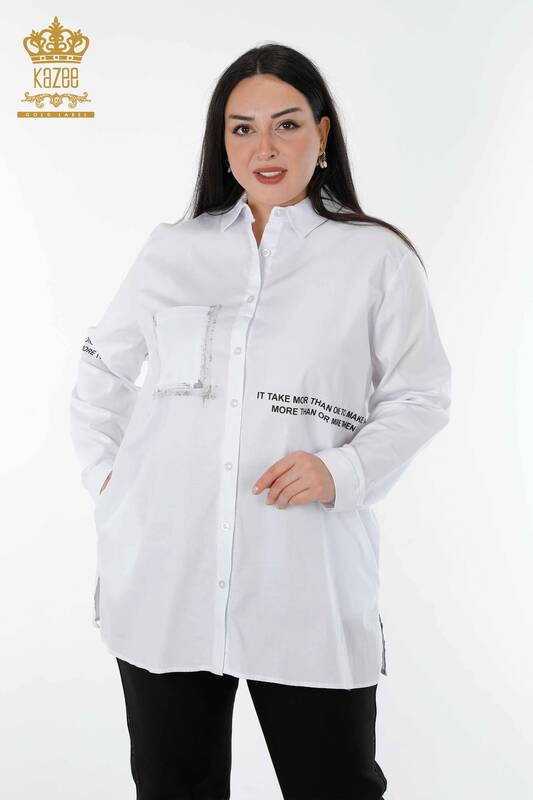 Hurtownia koszul damskich - Z tekstem - biała - 20087 | KAZEE