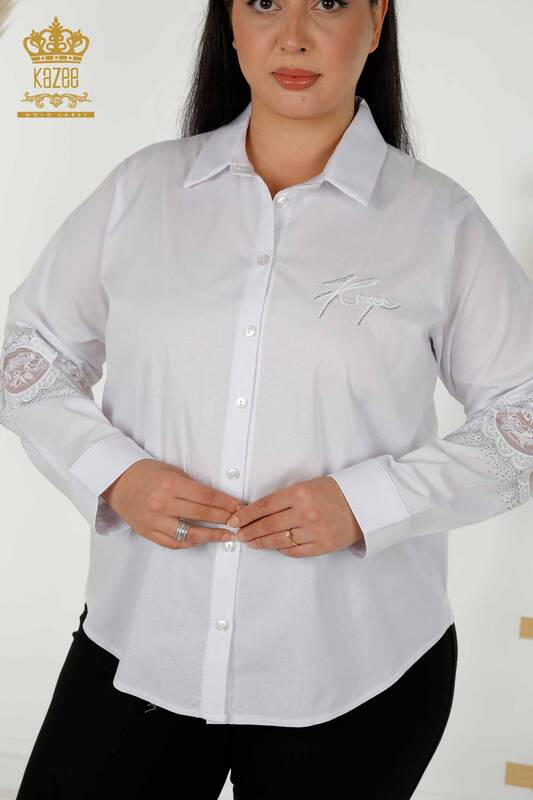 Hurtownia koszul damskich - Tiulowa szczegółowa - biała - 20407 | KAZEE