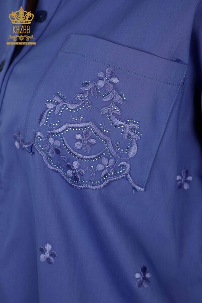 Hurtownia koszul damskich - kwiatowy wzór - kieszeń - liliowa - 20412 | KAZEE - Thumbnail