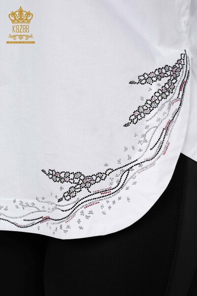 Hurtownia koszul damskich z motywem kwiatowym i kamieniami, haftowana kieszeń szczegółowa - 20142 | KAZEE - Thumbnail