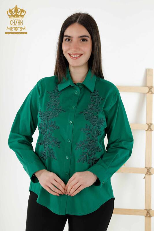 Hurtownia koszul damskich - Kwiatowy wzór - zielona - 20249 | KAZEE