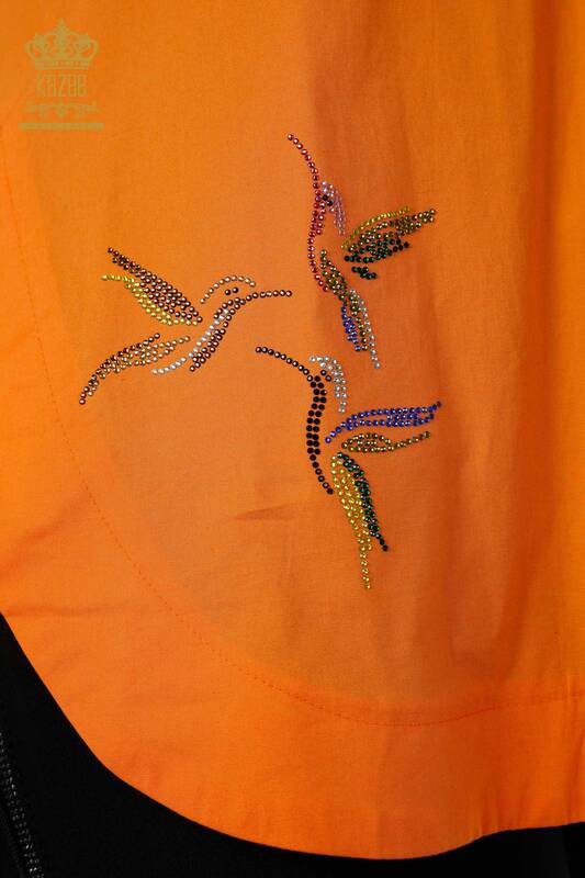 Hurtownia koszul damskich - Wzór ptaków - pomarańczowa - 20129 | KAZEE