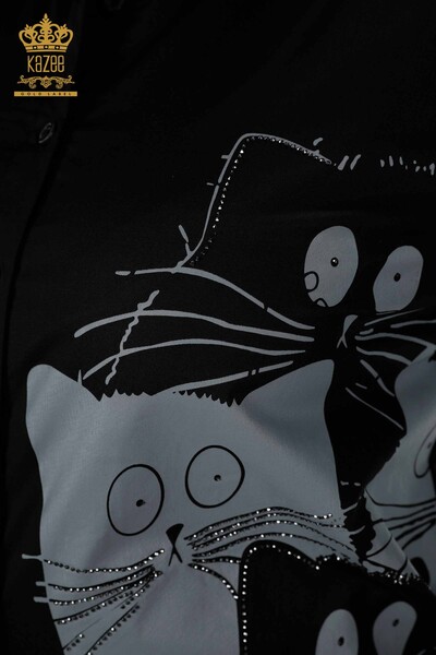 Hurtownia Koszulki Damskiej Kot Wzorzyste Czarne - 20318 | KAZEE - Thumbnail