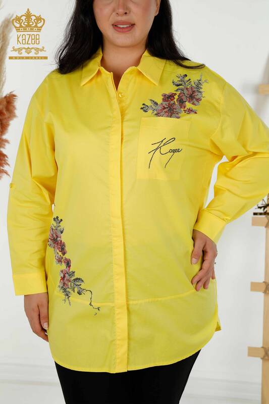Hurtownia koszul damskich - Kwiatowy wzór - Zółta - 20439 | KAZEE