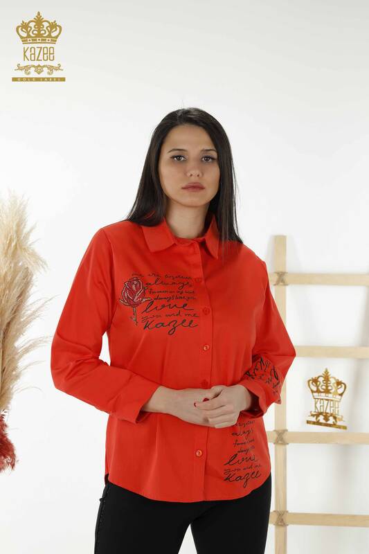 Hurtownia koszul damskich - W różowe wzory - pomarańczowa - 20227 | KAZEE