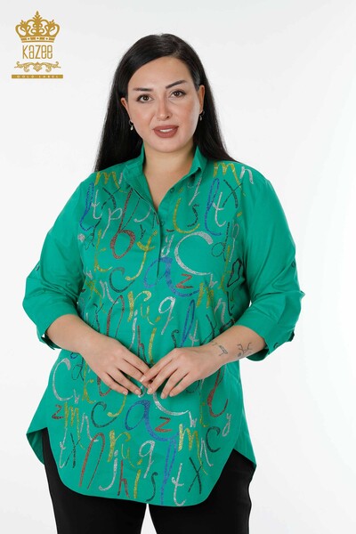 Hurtownia koszul damskich - Wzorzyste litery - Zielona - 20123 | KAZEE - Thumbnail