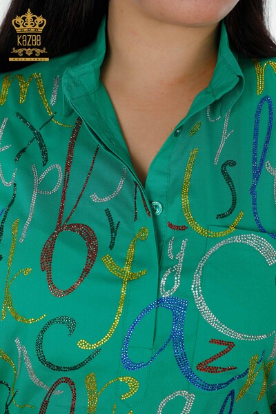 Hurtownia koszul damskich - Wzorzyste litery - Zielona - 20123 | KAZEE - Thumbnail