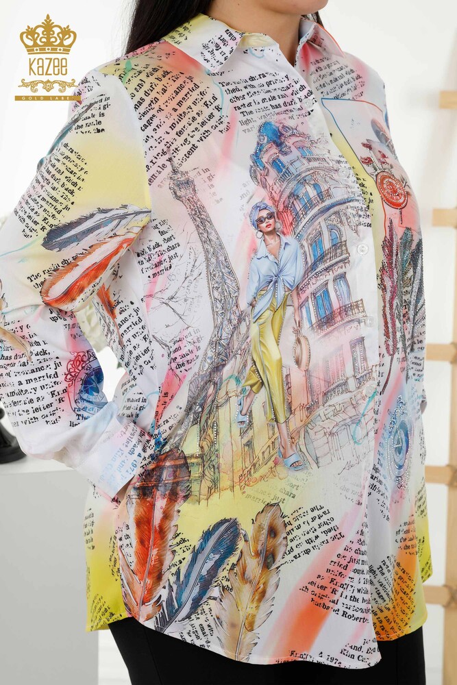 Hurtownia koszul damskich - Haftowana kamieniem - wzorzysta cyfrowo - 20359 | KAZEE - 6