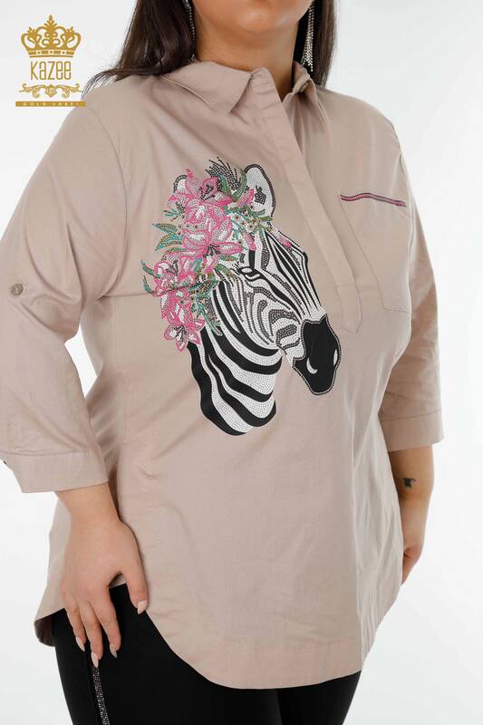 Hurtownia koszul damskich - Zebra Wzorzyste kwiaty - Beżowa - 20126 | KAZEE