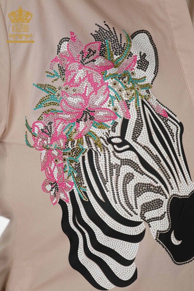 Hurtownia koszul damskich - Zebra Wzorzyste kwiaty - Beżowa - 20126 | KAZEE - Thumbnail