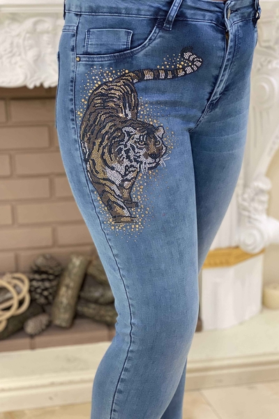 Hurtownia spodni damskich z motywem tygrysa z haftem w kamienie - 3260 | kaze - Thumbnail