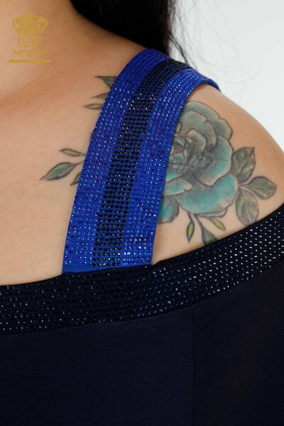 Hurtownia damska tunika na ramię szczegółowa haftowana kamieniem granatowa - 77721 | KAZEE - Thumbnail