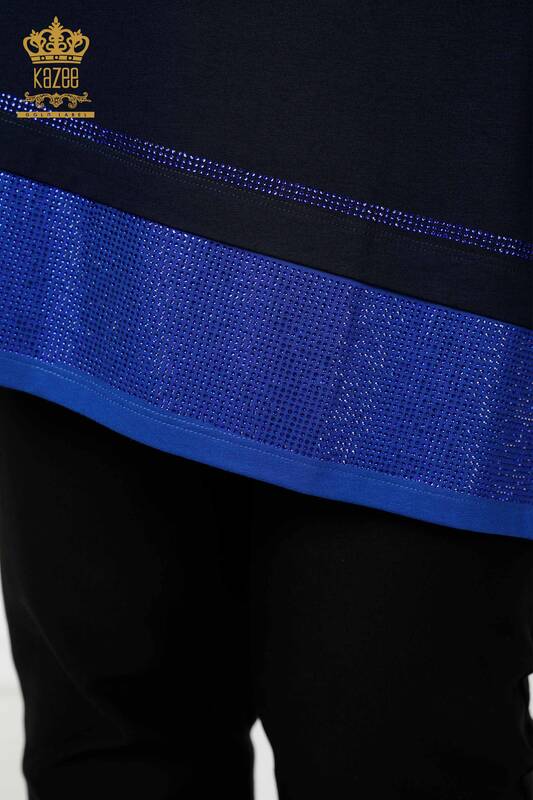 Hurtownia damska tunika na ramię szczegółowa haftowana kamieniem granatowa - 77721 | KAZEE