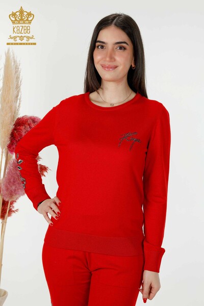 Hurtownia dresu damskiego w kolorze czerwonym z haftem w kamienie - 16561 | KAZEE - Thumbnail