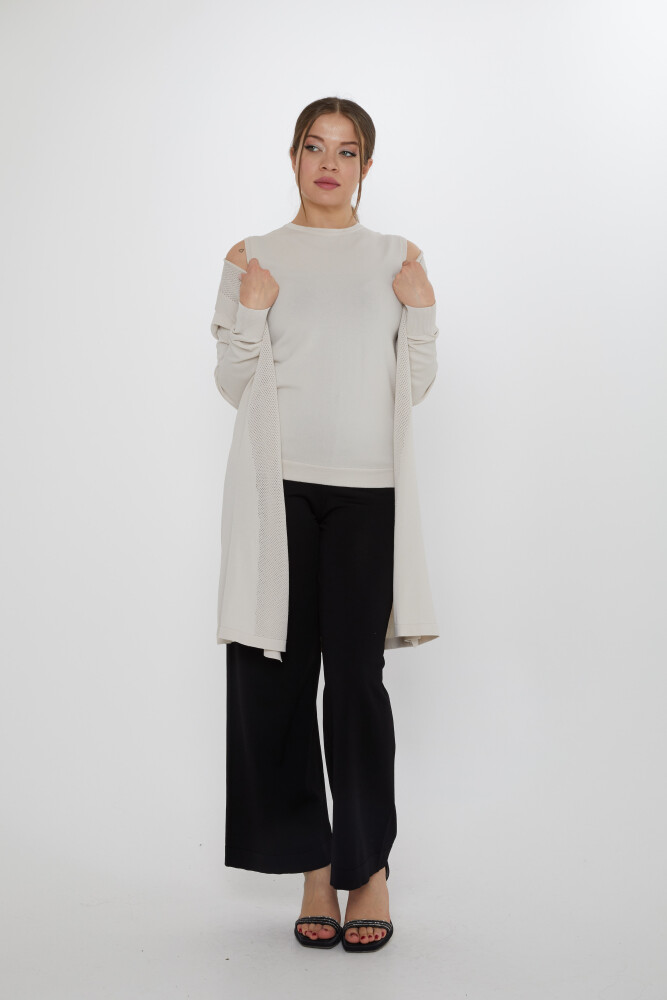 İkili Takım Askılı Bluz Ajurlu Hırka Açık Bej - 31842 | KAZEE (2'li Set M-L) - 2
