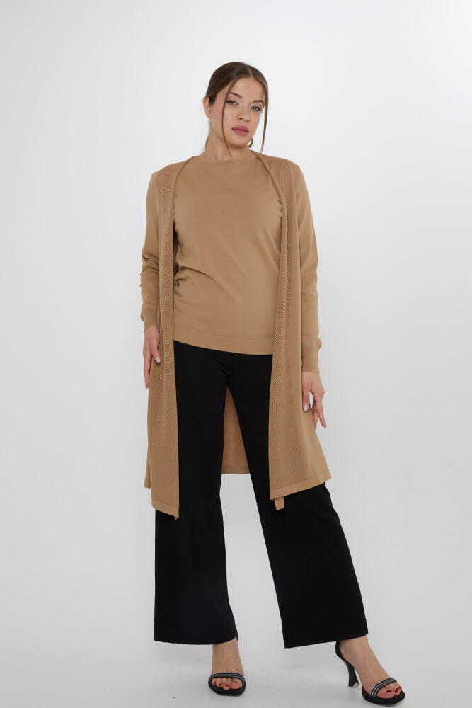 İkili Takım Askılı Bluz Ajurlu Hırka Vizon - 31842 | KAZEE (2'li Set M-L) - 1