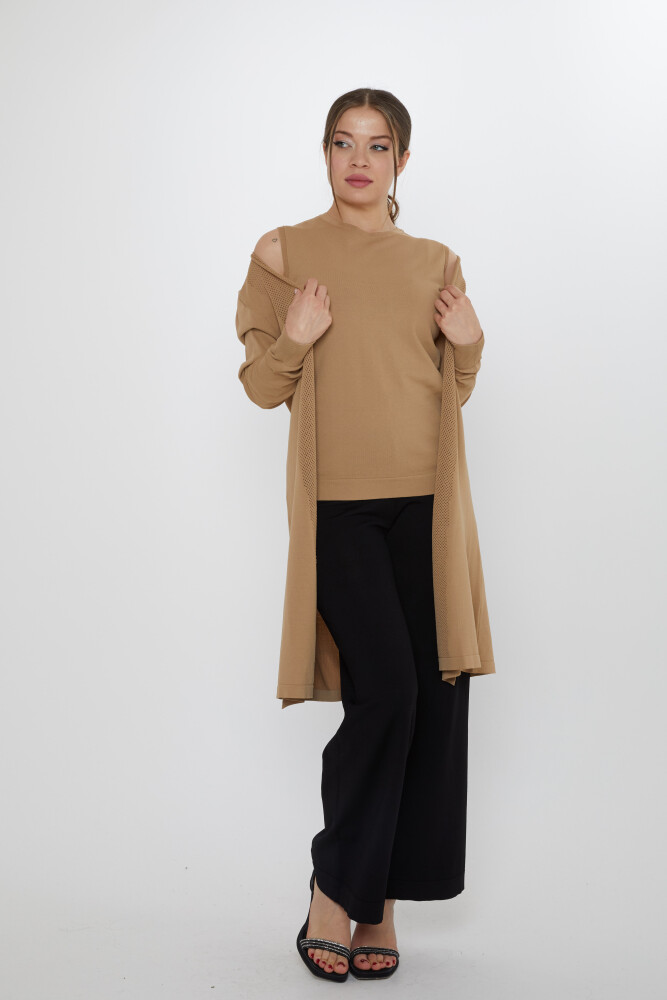 İkili Takım Askılı Bluz Ajurlu Hırka Vizon - 31842 | KAZEE (2'li Set M-L) - 2