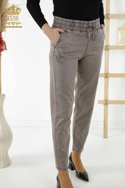 Pantaloni Donna all'Ingrosso Pietra Ricamata Marrone - 3674 | KAZEE - Thumbnail
