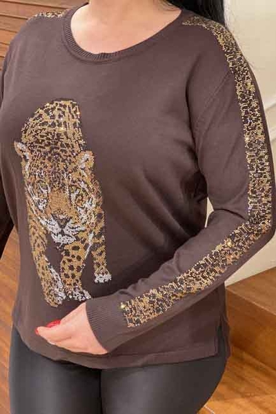 Abbigliamento femminile all'ingrosso Maglieria da donna con motivo leopardato - 16199 | Kazee - Thumbnail