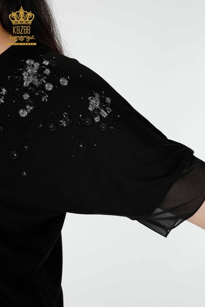 Camicetta da donna all'ingrosso motivo floreale in tulle nero dettagliato - 79032 | KAZEE - Thumbnail