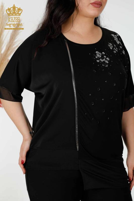 Camicetta da donna all'ingrosso motivo floreale in tulle nero dettagliato - 79032 | KAZEE