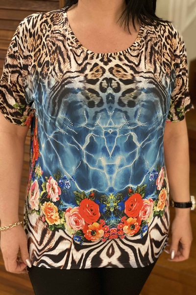Camicetta da donna all'ingrosso con stampa leopardata colorata floreale - 76691 | Kazee - Thumbnail