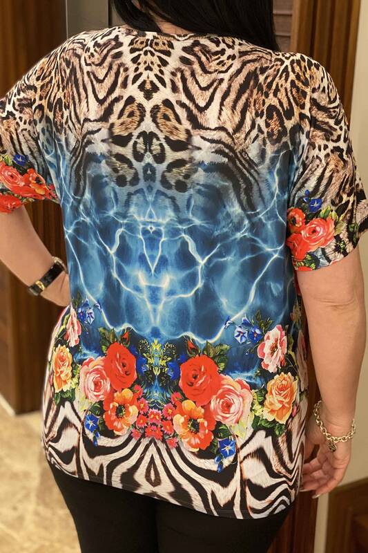 Camicetta da donna all'ingrosso con stampa leopardata colorata floreale - 76691 | Kazee