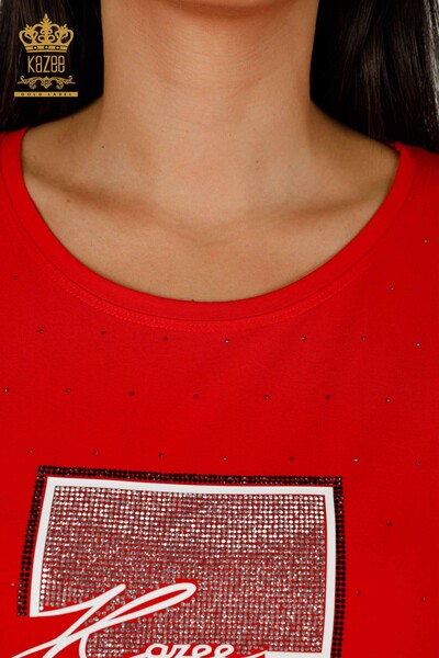 Camicetta da donna all'ingrosso Crystal Stone ricamata rossa - 79389 | KAZEE - Thumbnail