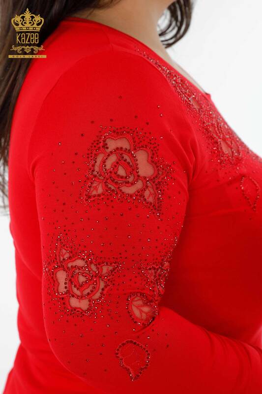 All'ingrosso Camicetta da donna - Rose Motivo - Dettaglio in tulle - Pietra ricamata - 78999 | KAZEE