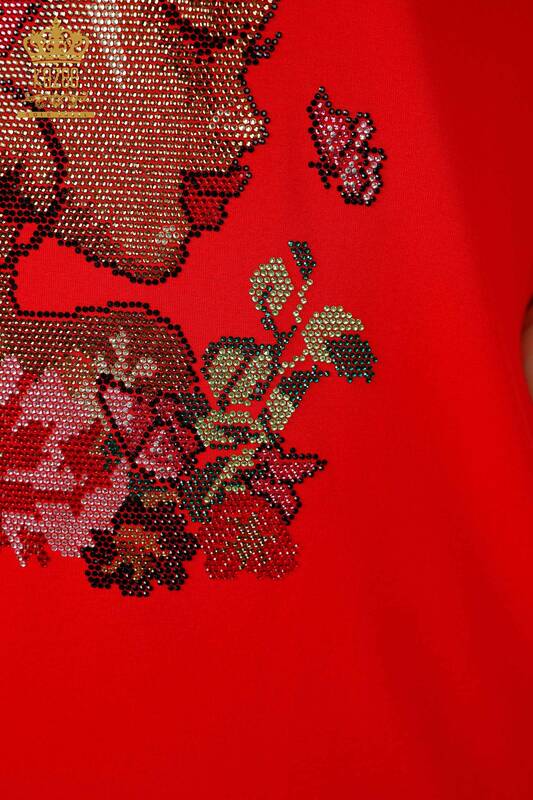 Camicetta da donna all'ingrosso color pietra ricamata rossa - 78913 | KAZEE