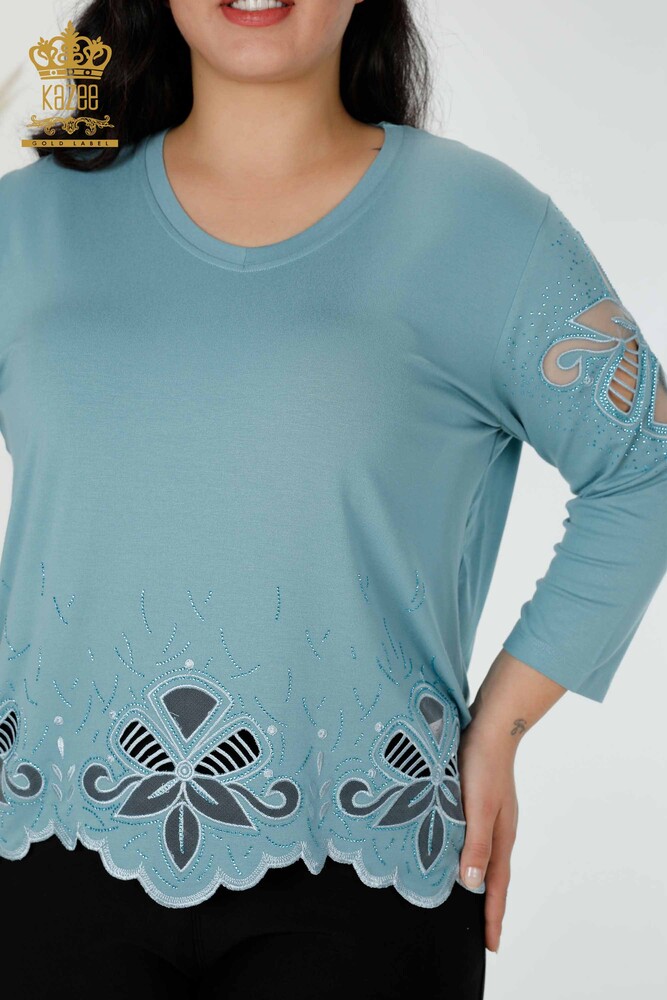 All'ingrosso Camicetta da donna - Pietra ricamata - Scollo a V - Blu - 77927 | KAZEE - 2