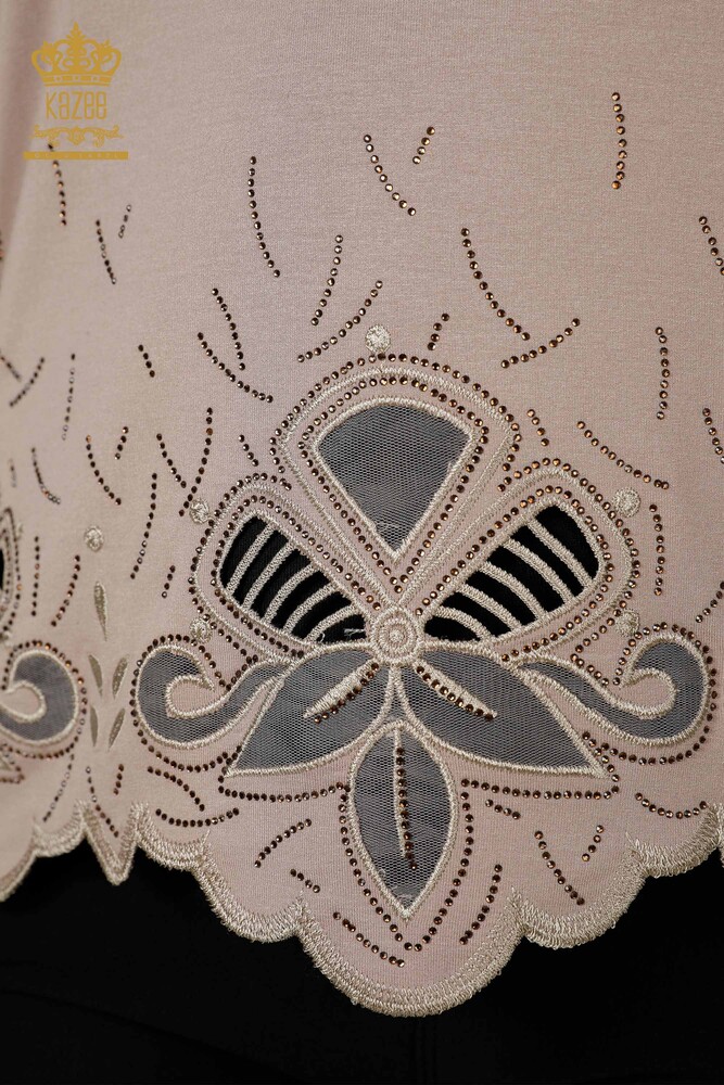 All'ingrosso Camicetta da donna - Pietra ricamata - Scollo a V - Beige - 77927 | KAZEE - 3
