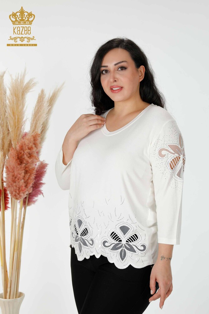 All'ingrosso Camicetta da donna - Pietra ricamata - Scollo a V - Ecru - 77927 | KAZEE - 1