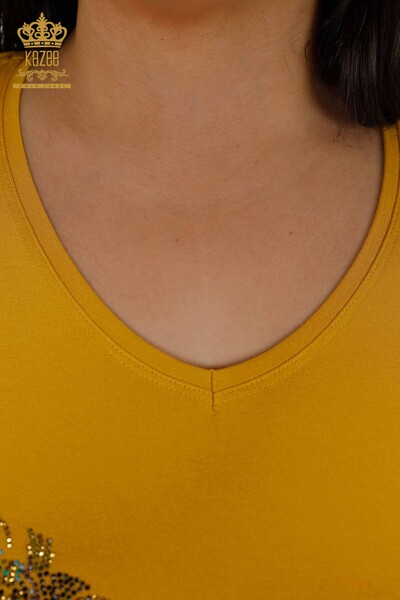All'ingrosso Camicetta da donna - Scollo a V - Pietra colorata ricamata - Dettaglio floreale - 79022 | KAZEE - Thumbnail