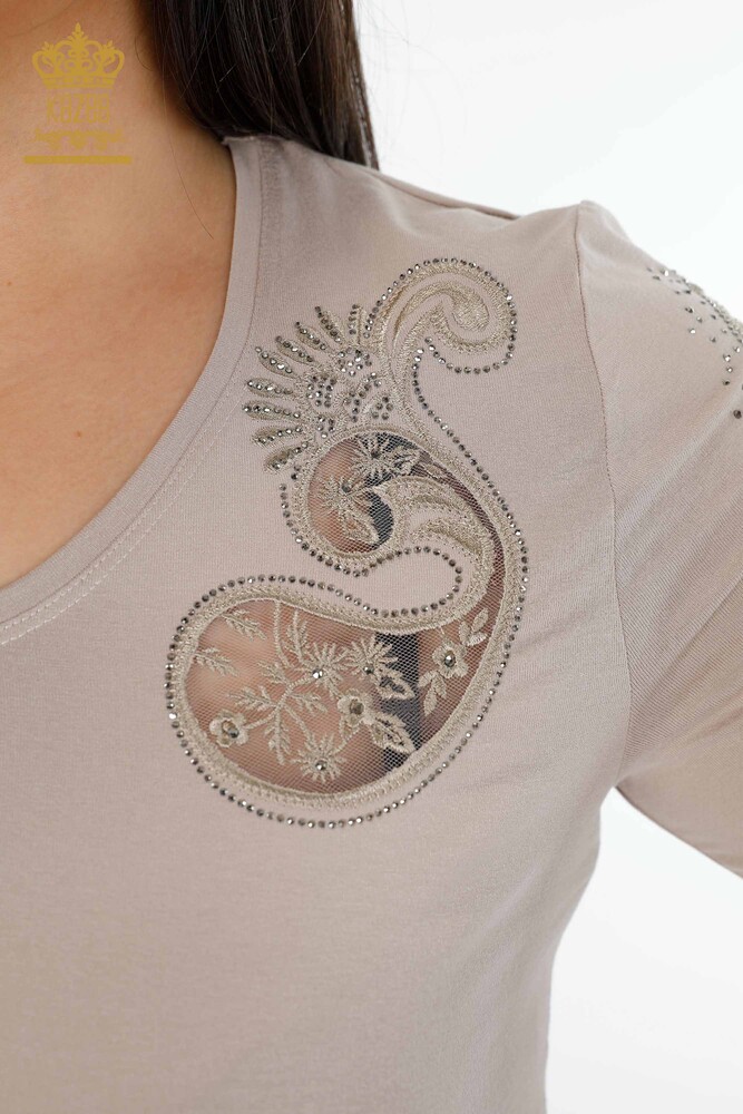 All'ingrosso Camicetta da donna - Scollo a V - Cristallo Pietra ricamata - Dettagli in tulle - 79008 | KAZEE - 38