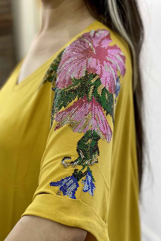 All'ingrosso Camicetta da donna - Spalla ricamata in pietra - Motivo floreale - Doppia manica - 77799 | KAZEE