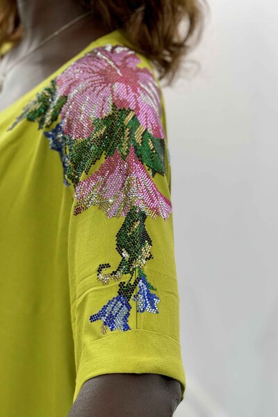 All'ingrosso Camicetta da donna - Spalla ricamata in pietra - Motivo floreale - Doppia manica - 77799 | KAZEE - Thumbnail