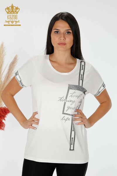 Camicetta da donna all'ingrosso Crystal ricamata Ecru - 78919 | KAZEE - 1