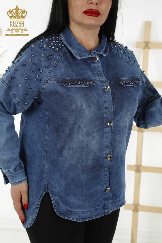 Camicia di jeans da donna all'ingrosso con perline dettagliate blu - 20374 | KAZEE