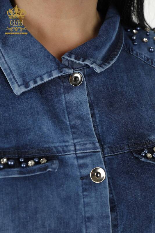 Camicia di jeans da donna all'ingrosso con perline dettagliate blu - 20374 | KAZEE