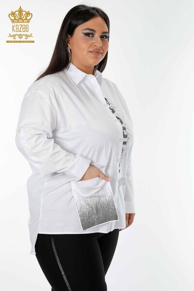 Camicia da donna all'ingrosso - Cristallo Pietra ricamata - Bianco - 20136 | KAZEE - Thumbnail