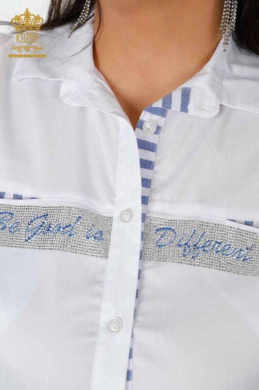 All'ingrosso Camicia da donna - Cristallo Pietra ricamata - Blu bianco - 17127 | KAZEE