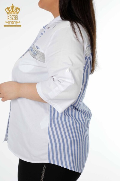 All'ingrosso Camicia da donna - Cristallo Pietra ricamata - Blu bianco - 17127 | KAZEE - Thumbnail