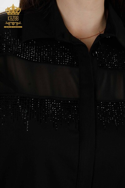 Camicia da donna all'ingrosso Crystal Stone ricamata nera - 20250 | KAZEE - Thumbnail