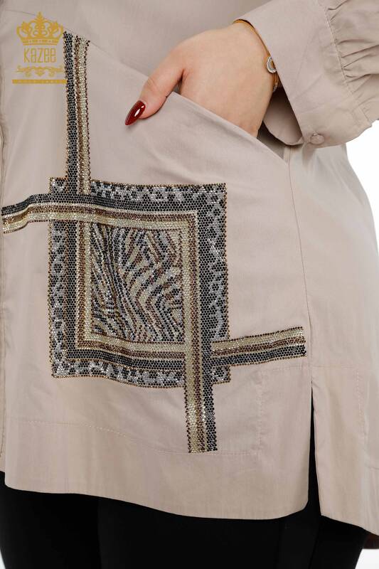 All'ingrosso Camicia da donna - Doppia tasca Pietra ricamata Cotone Modellato - 20198 | KAZEE