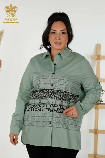 Kazee - Camicia da donna all'ingrosso con lettera dettagliata color menta - 20079 | KAZEE