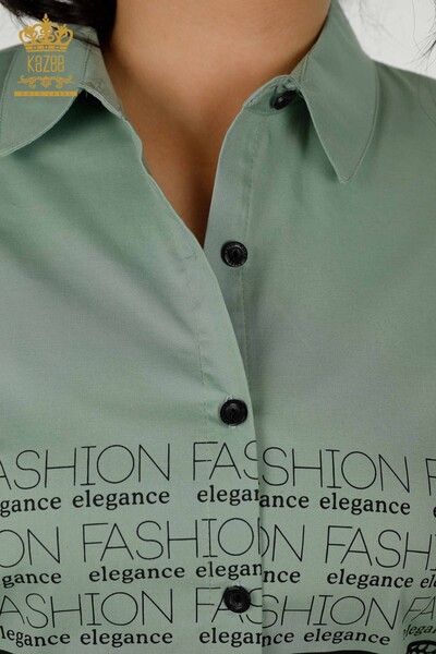 Camicia da donna all'ingrosso con lettera dettagliata color menta - 20079 | KAZEE - Thumbnail