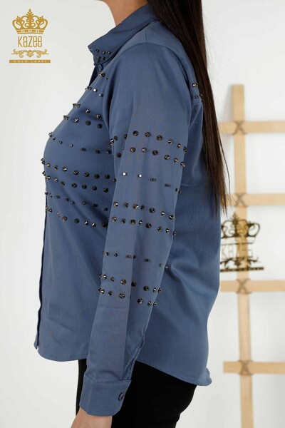 All'ingrosso Camicie da donna - Graffette - Pietra Detailed - Indigo - 20230 | KAZEE - Thumbnail